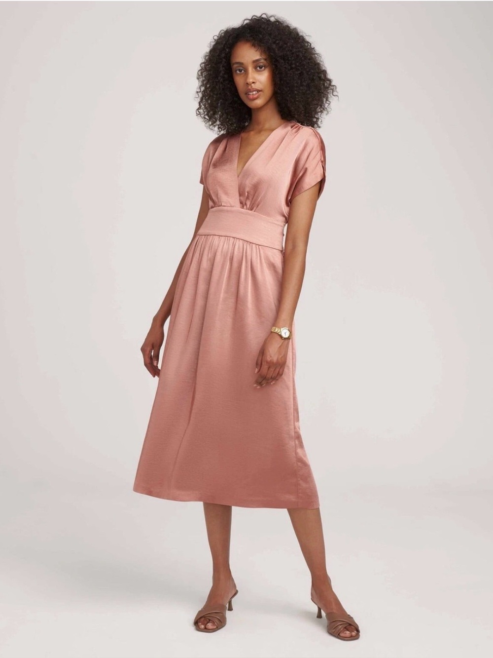 Anne Klein Satan Mid Wrap Dress Rose Gold size 8 V-Neck, Tie wrap in the Back